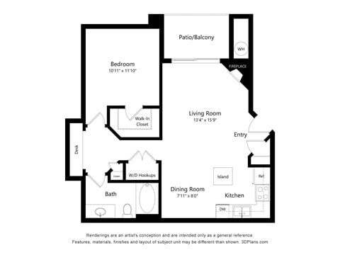 Floor plan for 1 bed, 1 bath, 773 sqft